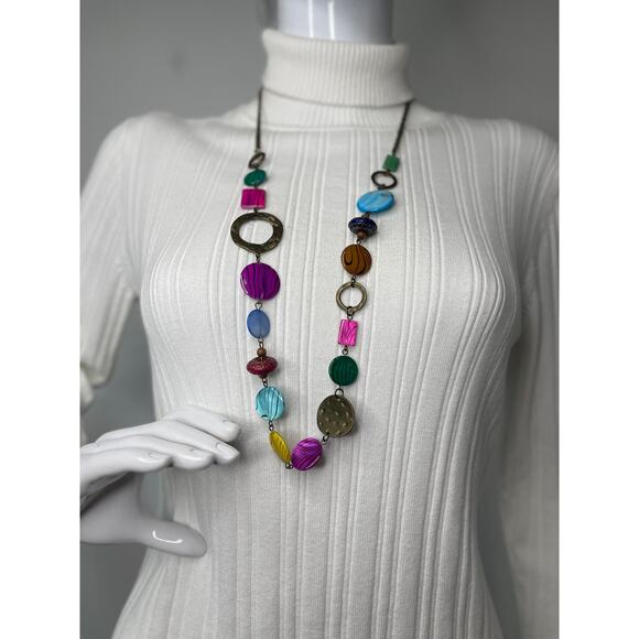 Necklace multi colored chunky disks beaded costume jewelry blue yellow pink - Picture 9 of 11